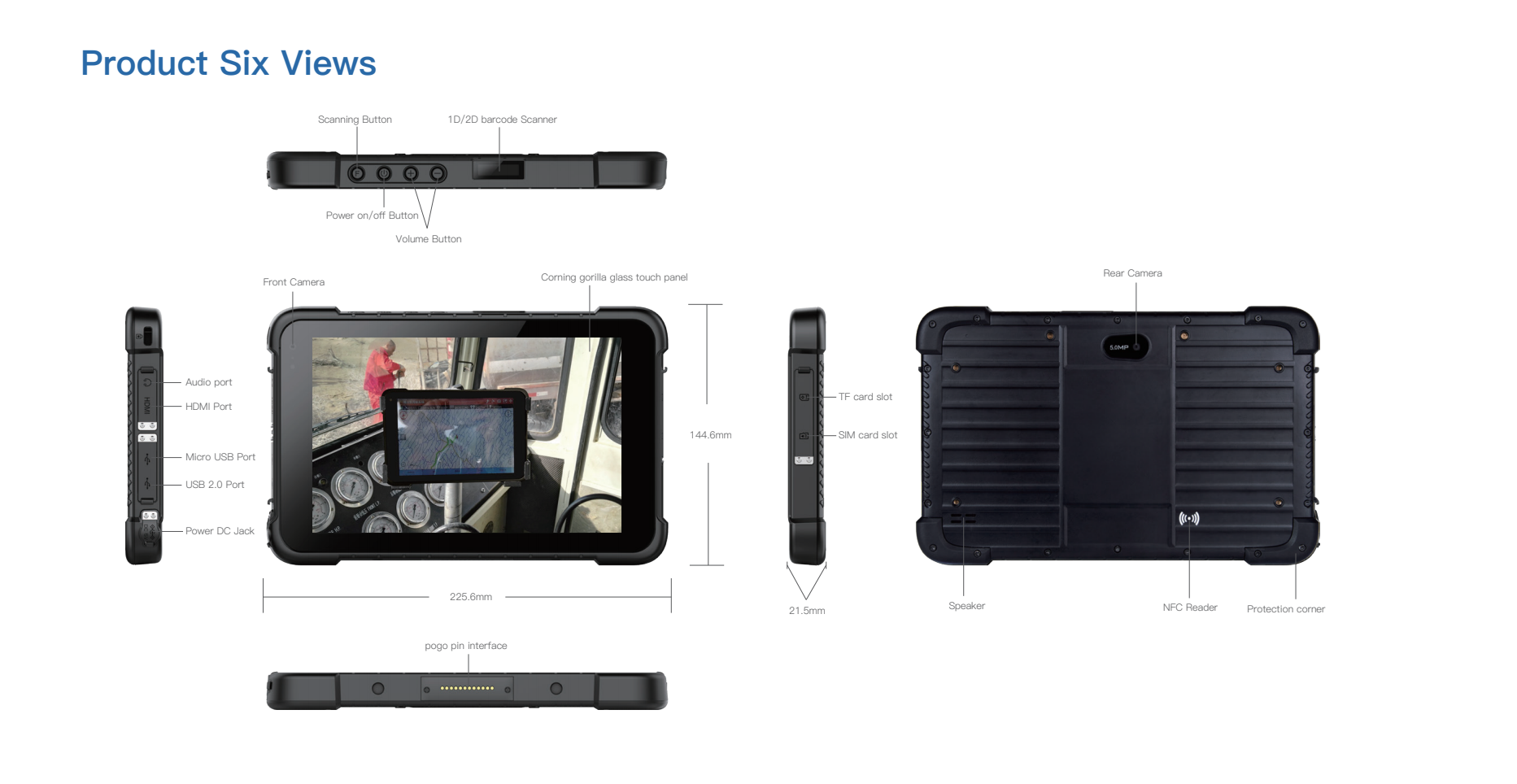 Données de tablette de véhicule robuste Intel 8 pouces six vues